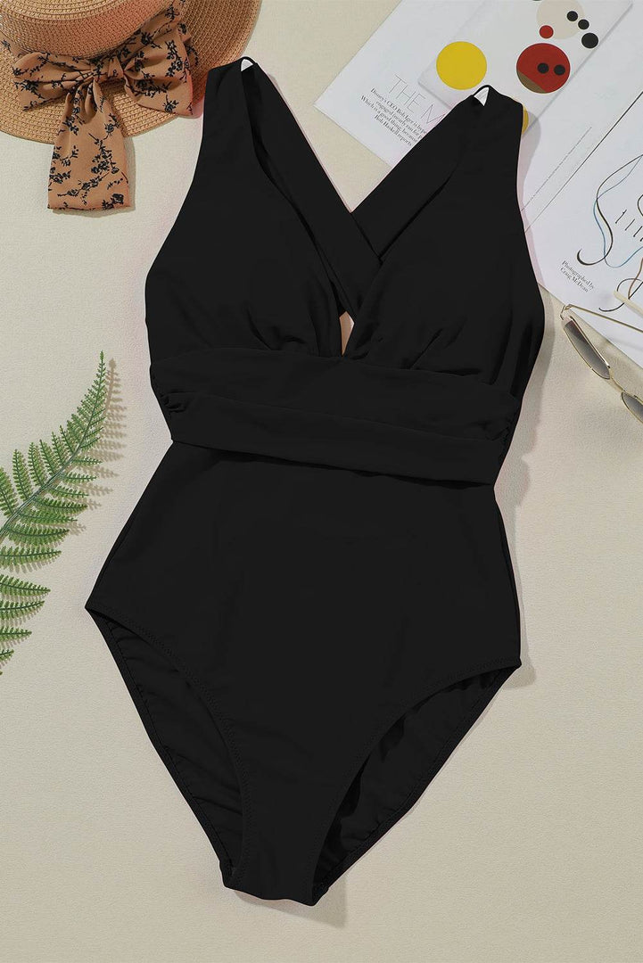 Black Deep V Neck Crossover Backless Ruched High Cut Monokini - Fashion Queen -  6