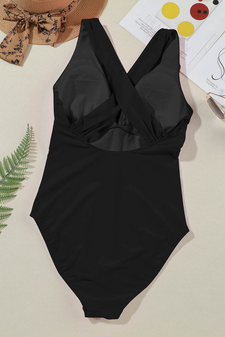 Black Deep V Neck Crossover Backless Ruched High Cut Monokini - Fashion Queen -  7
