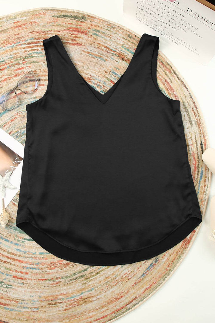 Black Deep V Neck Loose Tank Top - Fashion Queen -  7