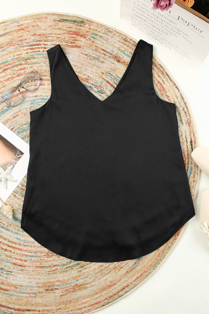 Black Deep V Neck Loose Tank Top - Fashion Queen -  8