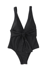 Load image into Gallery viewer, Black Deep V Neck Tie Waist One-piece Swimsuit - Fashion Queen -  10
