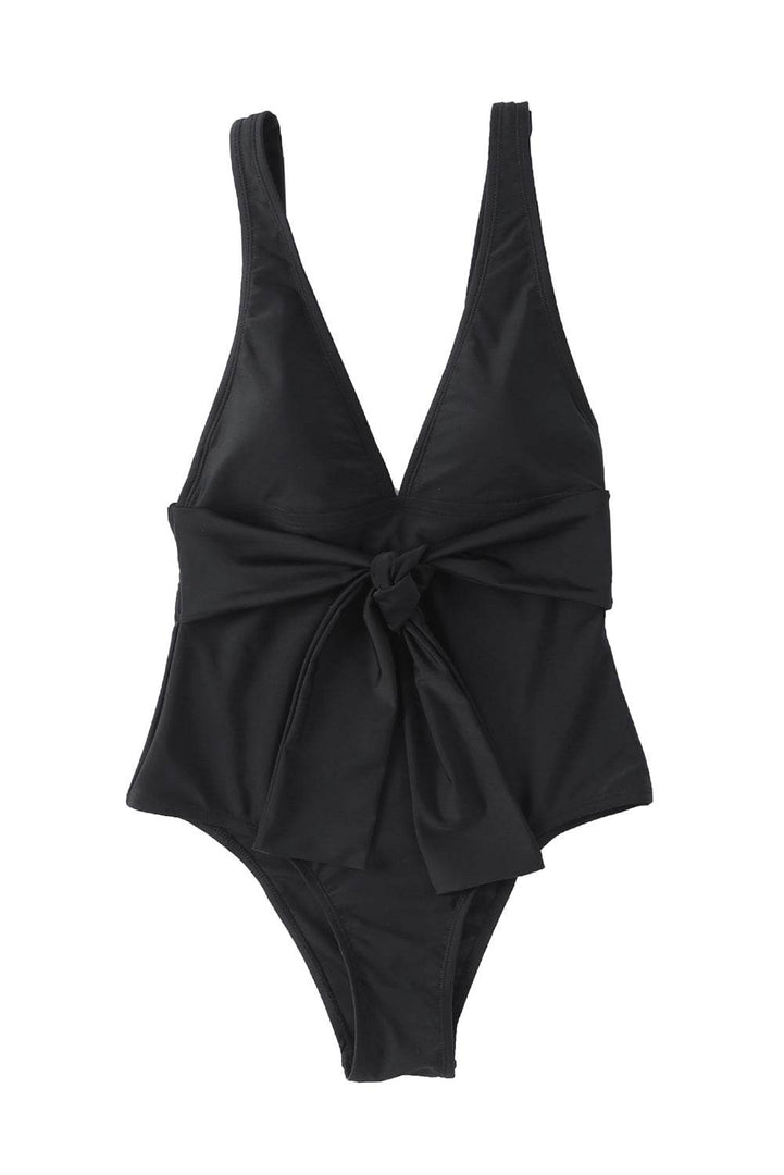 Black Deep V Neck Tie Waist One-piece Swimsuit - Fashion Queen -  10