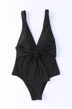 Load image into Gallery viewer, Black Deep V Neck Tie Waist One-piece Swimsuit - Fashion Queen -  8
