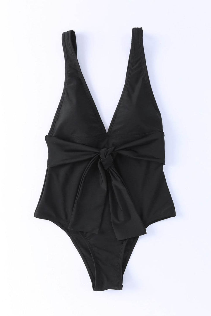Black Deep V Neck Tie Waist One-piece Swimsuit - Fashion Queen -  8