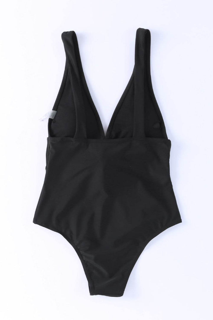 Black Deep V Neck Tie Waist One-piece Swimsuit - Fashion Queen -  9