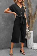 Load image into Gallery viewer, Black Dolman Button Belted V Neck Wide Leg Pocketed Jumpsuit - Fashion Queen -  10
