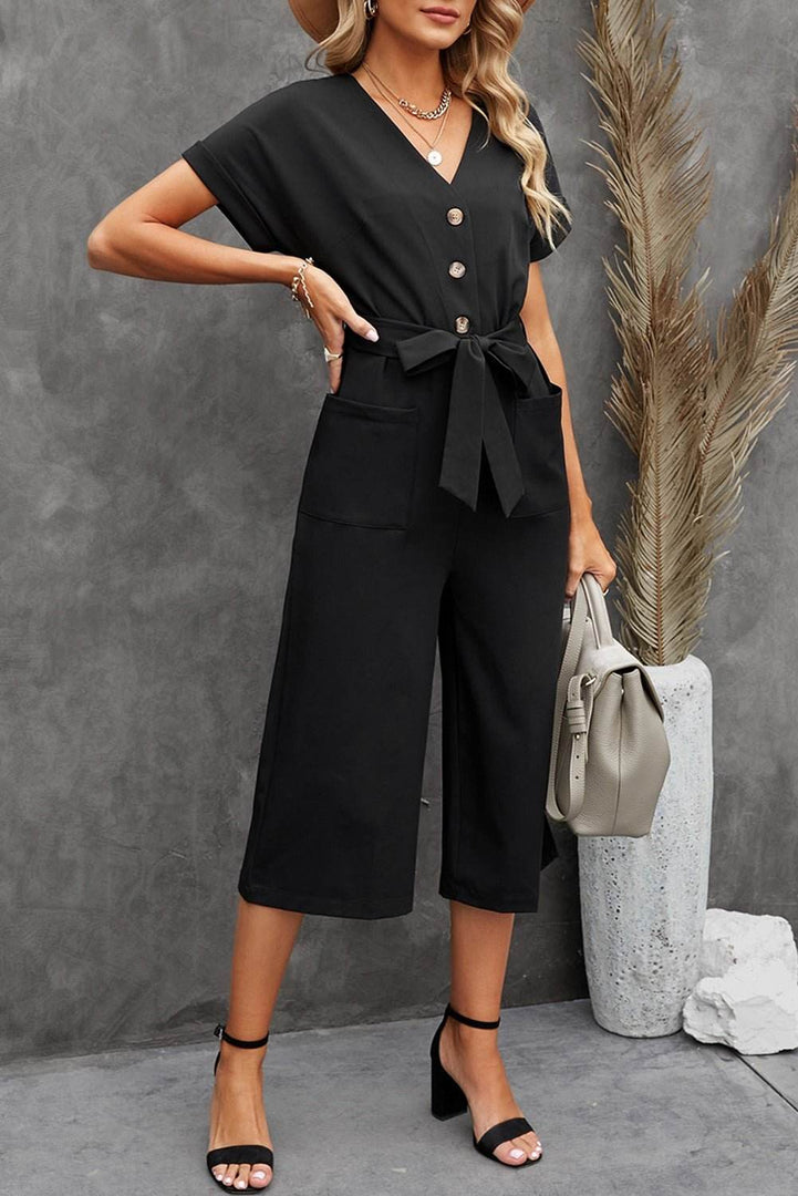 Black Dolman Button Belted V Neck Wide Leg Pocketed Jumpsuit - Fashion Queen -  10