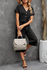 Load image into Gallery viewer, Black Dolman Button Belted V Neck Wide Leg Pocketed Jumpsuit - Fashion Queen -  11
