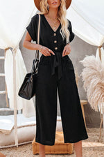 Load image into Gallery viewer, Black Dolman Button Belted V Neck Wide Leg Pocketed Jumpsuit - Fashion Queen -  4
