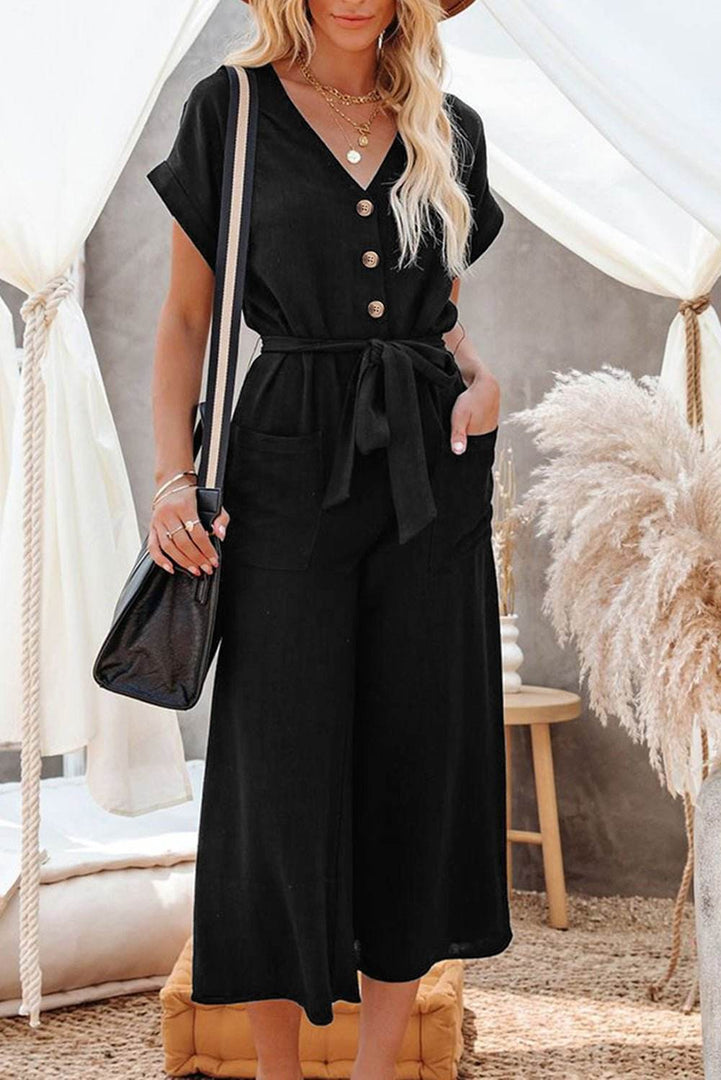 Black Dolman Button Belted V Neck Wide Leg Pocketed Jumpsuit - Fashion Queen -  5
