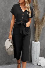 Load image into Gallery viewer, Black Dolman Button Belted V Neck Wide Leg Pocketed Jumpsuit - Fashion Queen -  6
