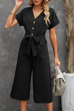 Load image into Gallery viewer, Black Dolman Button Belted V Neck Wide Leg Pocketed Jumpsuit - Fashion Queen -  8
