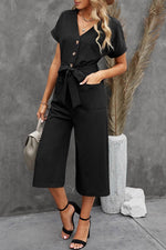Load image into Gallery viewer, Black Dolman Button Belted V Neck Wide Leg Pocketed Jumpsuit - Fashion Queen -  9
