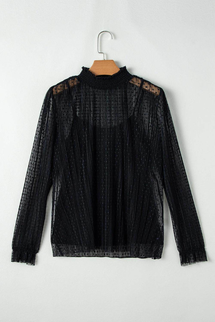 Black Dotty Lace Sheer Mock Neck Long Sleeve Blouse - Fashion Queen -  5
