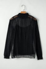 Load image into Gallery viewer, Black Dotty Lace Sheer Mock Neck Long Sleeve Blouse - Fashion Queen -  6
