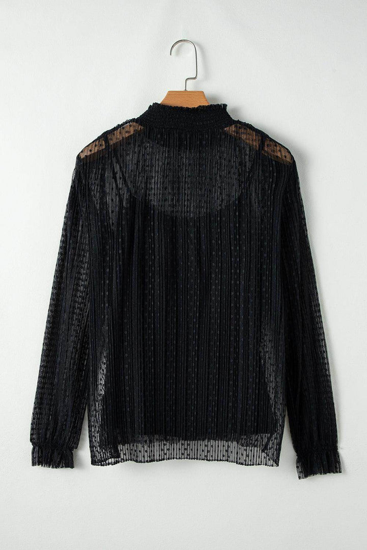 Black Dotty Lace Sheer Mock Neck Long Sleeve Blouse - Fashion Queen -  6