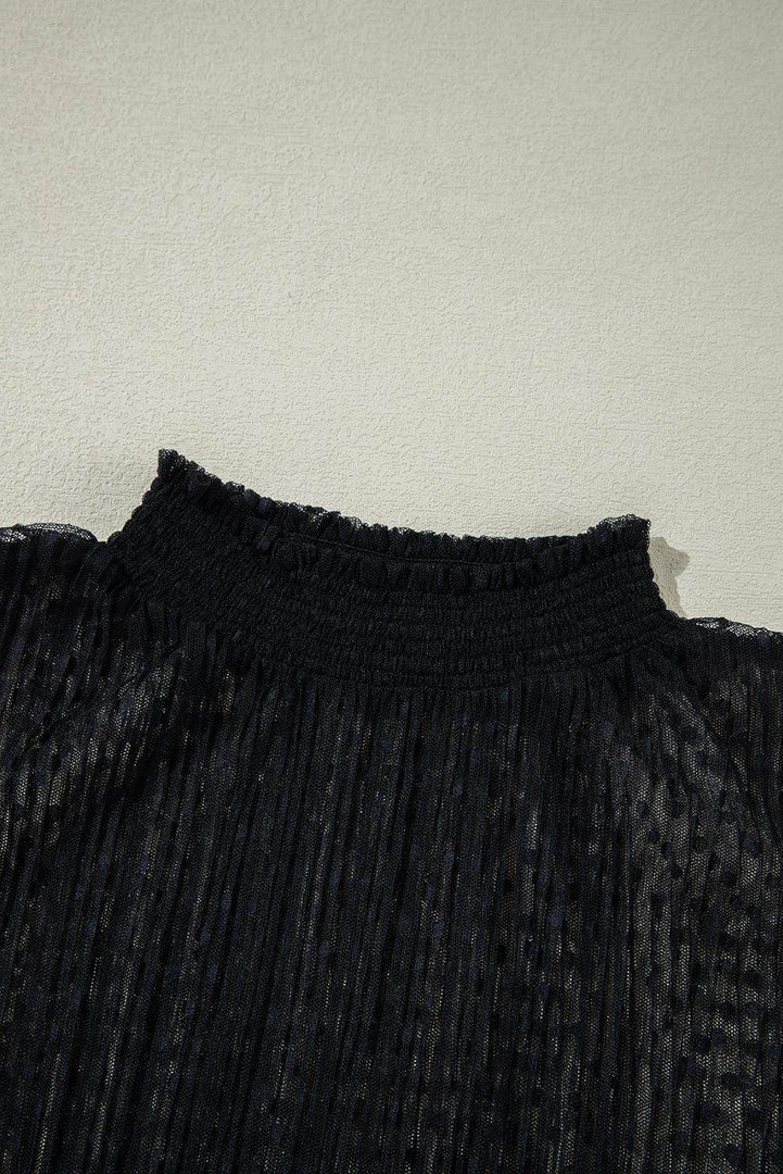 Black Dotty Lace Sheer Mock Neck Long Sleeve Blouse - Fashion Queen -  7