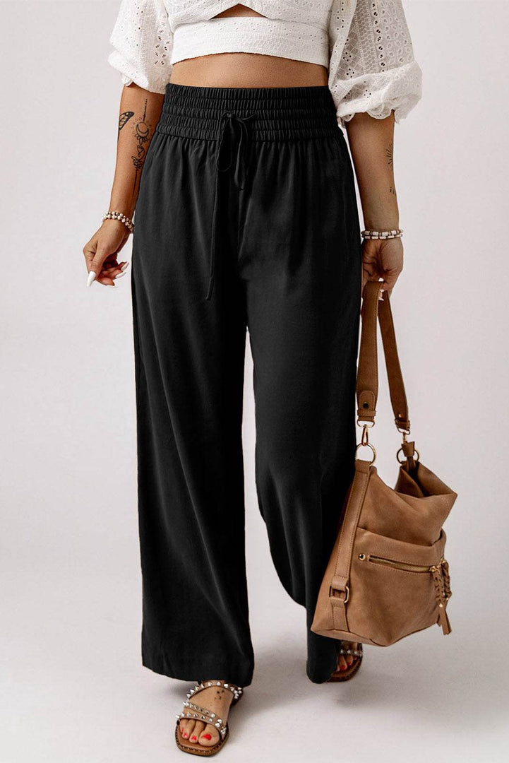 Black Drawstring Elastic Waist Casual Wide Leg Pants - Fashion Queen -  1
