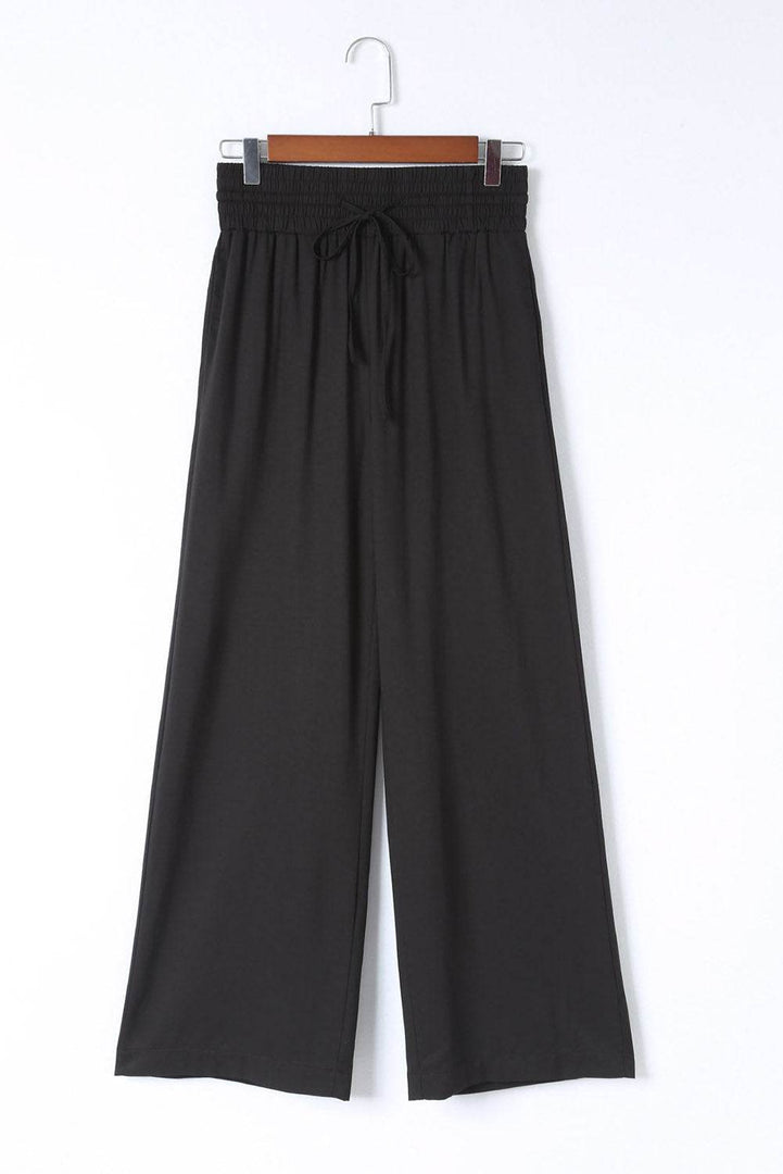 Black Drawstring Elastic Waist Casual Wide Leg Pants - Fashion Queen -  10