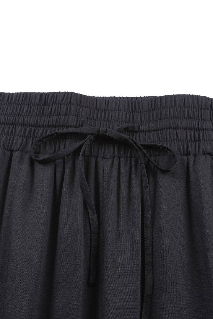 Black Drawstring Elastic Waist Casual Wide Leg Pants - Fashion Queen -  14