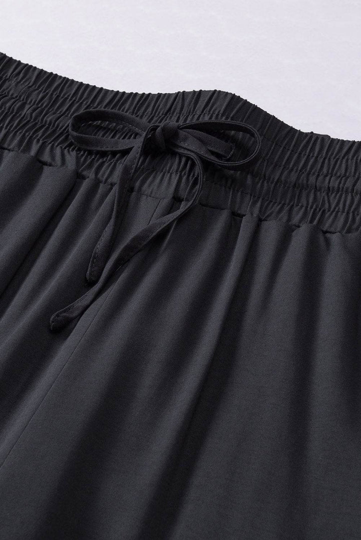 Black Drawstring Elastic Waist Casual Wide Leg Pants - Fashion Queen -  19