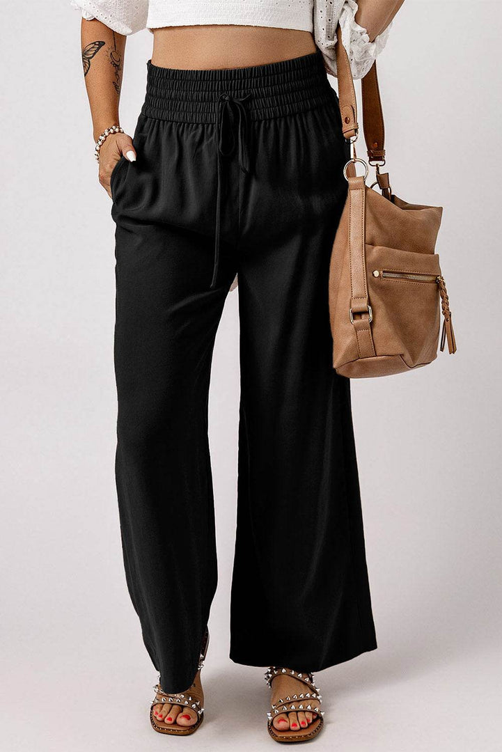Black Drawstring Elastic Waist Casual Wide Leg Pants - Fashion Queen -  2
