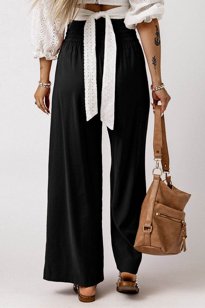 Black Drawstring Elastic Waist Casual Wide Leg Pants - Fashion Queen -  3