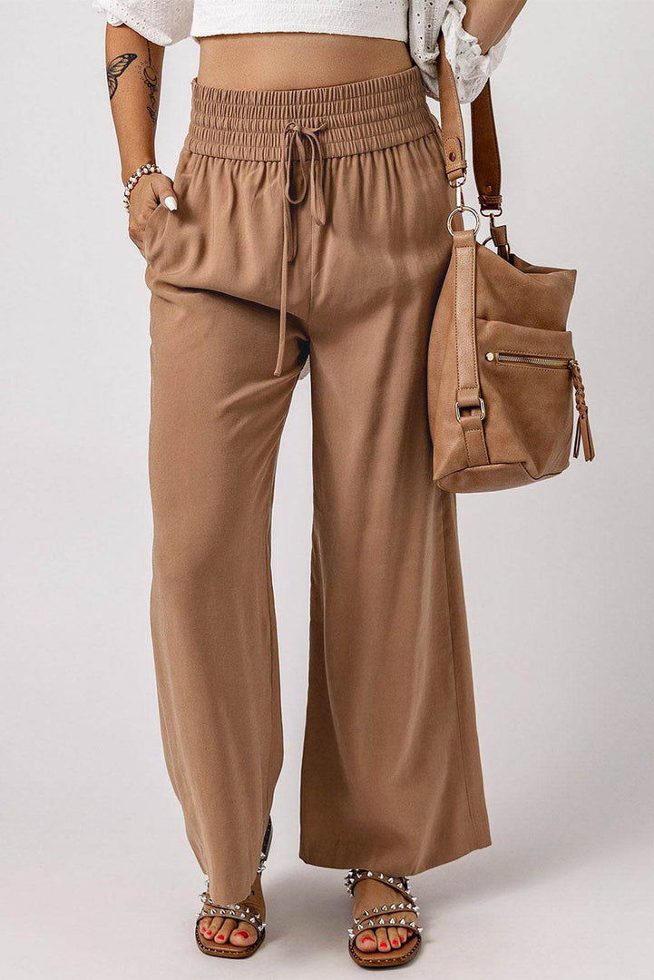 Black Drawstring Elastic Waist Casual Wide Leg Pants - Fashion Queen -  6