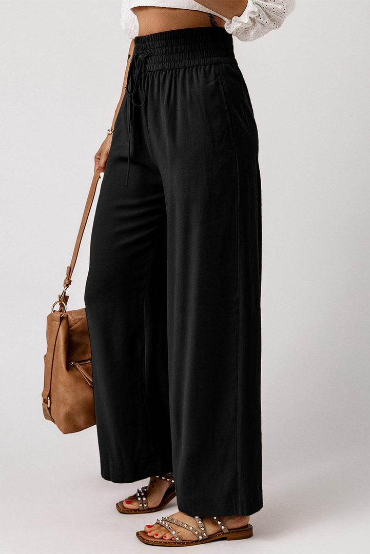 Black Drawstring Elastic Waist Casual Wide Leg Pants - Fashion Queen -  7