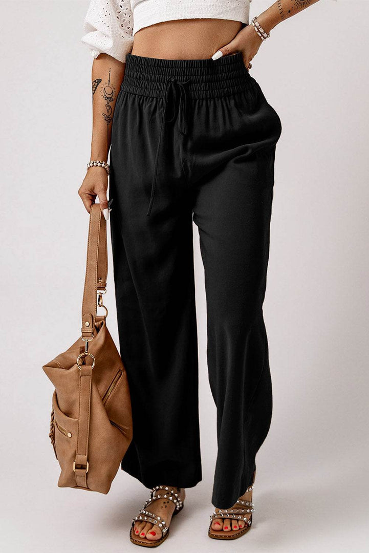 Black Drawstring Elastic Waist Casual Wide Leg Pants - Fashion Queen -  8