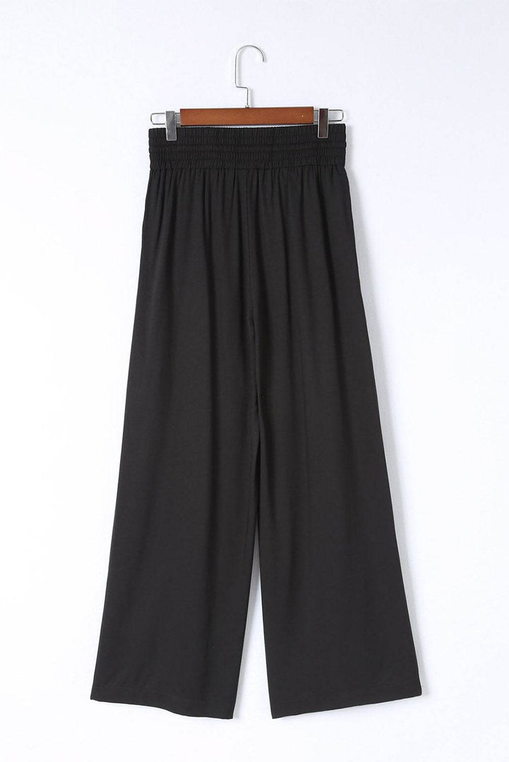 Black Drawstring Elastic Waist Casual Wide Leg Pants - Fashion Queen -  9