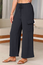 Load image into Gallery viewer, Black Drawstring Frilled Waist Wide Leg Utility Trousers - Fashion Queen -  1
