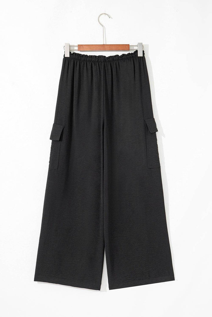 Black Drawstring Frilled Waist Wide Leg Utility Trousers - Fashion Queen -  10