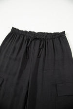 Load image into Gallery viewer, Black Drawstring Frilled Waist Wide Leg Utility Trousers - Fashion Queen -  11
