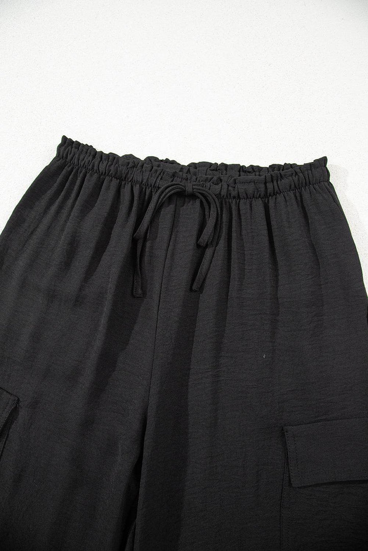Black Drawstring Frilled Waist Wide Leg Utility Trousers - Fashion Queen -  11
