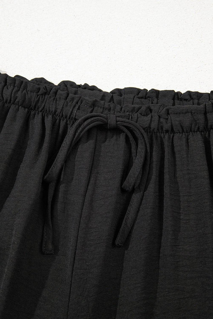Black Drawstring Frilled Waist Wide Leg Utility Trousers - Fashion Queen -  12