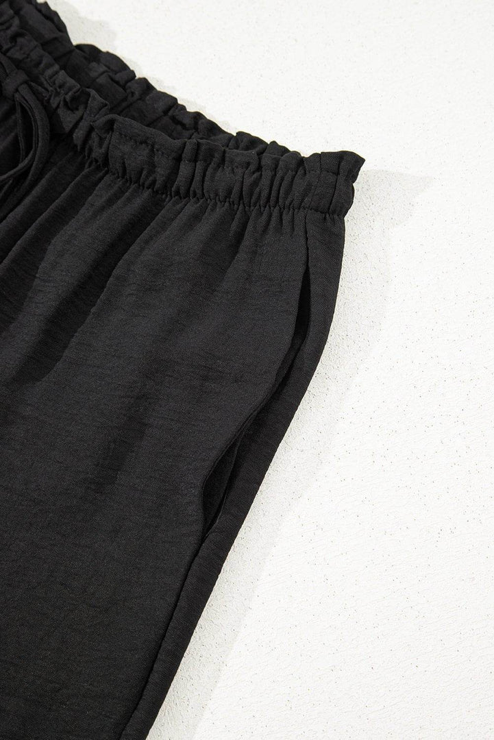 Black Drawstring Frilled Waist Wide Leg Utility Trousers - Fashion Queen -  13