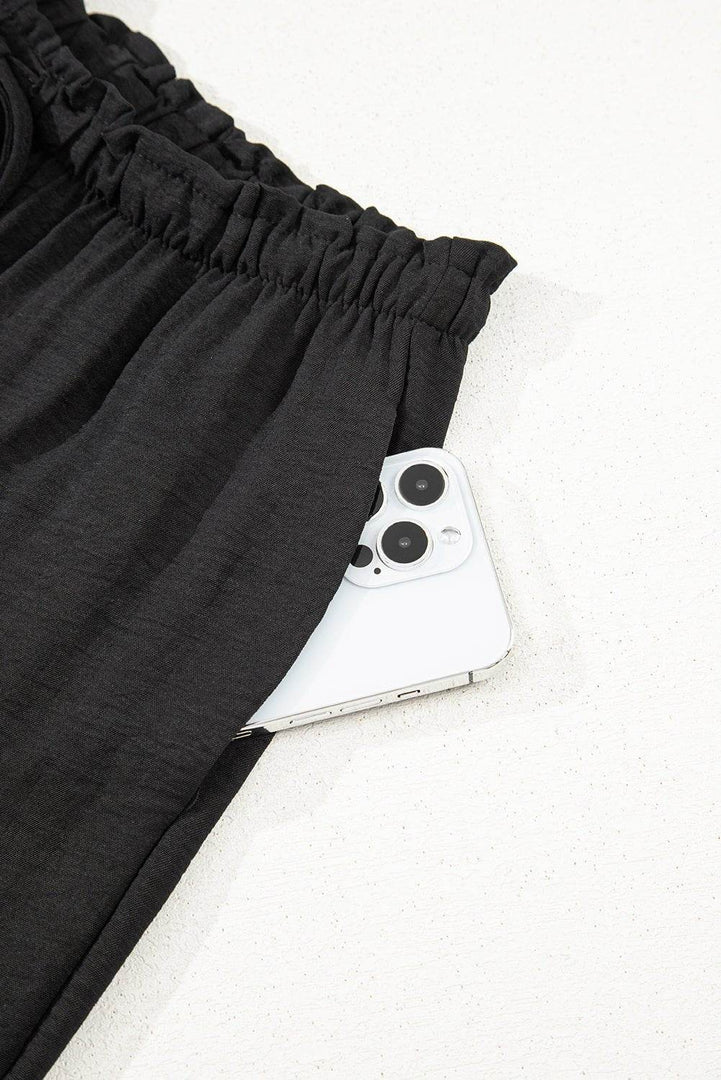 Black Drawstring Frilled Waist Wide Leg Utility Trousers - Fashion Queen -  14