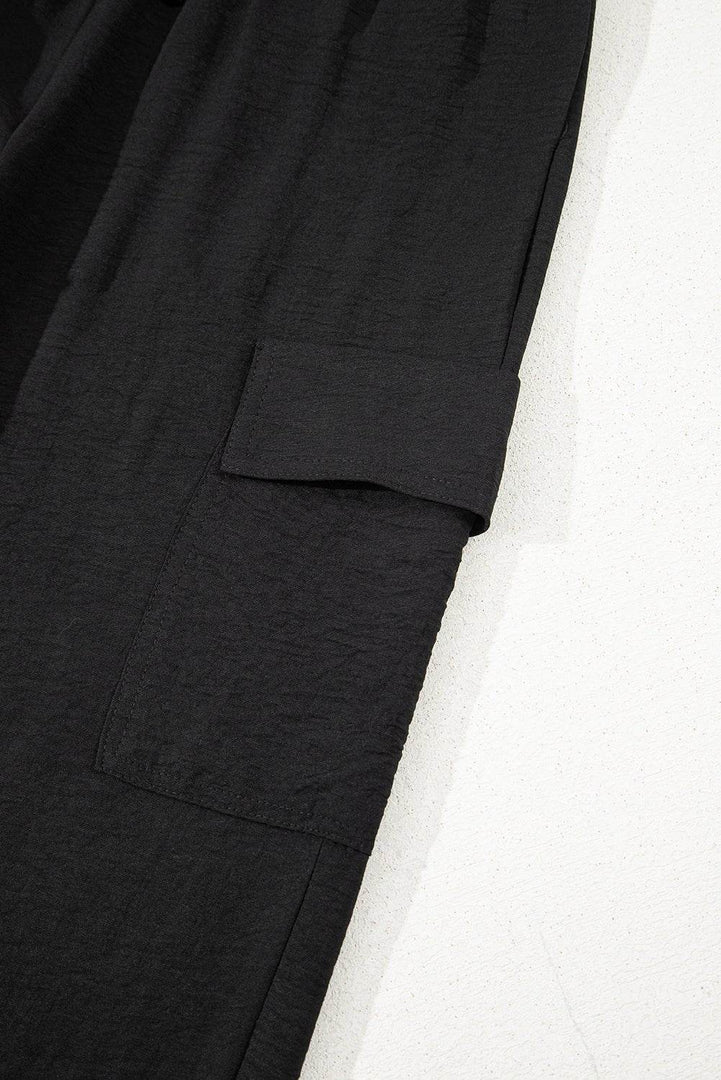 Black Drawstring Frilled Waist Wide Leg Utility Trousers - Fashion Queen -  15