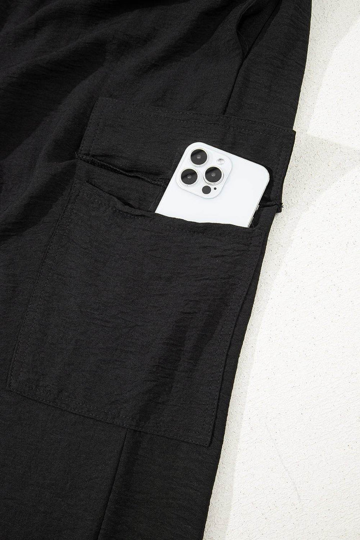 Black Drawstring Frilled Waist Wide Leg Utility Trousers - Fashion Queen -  16