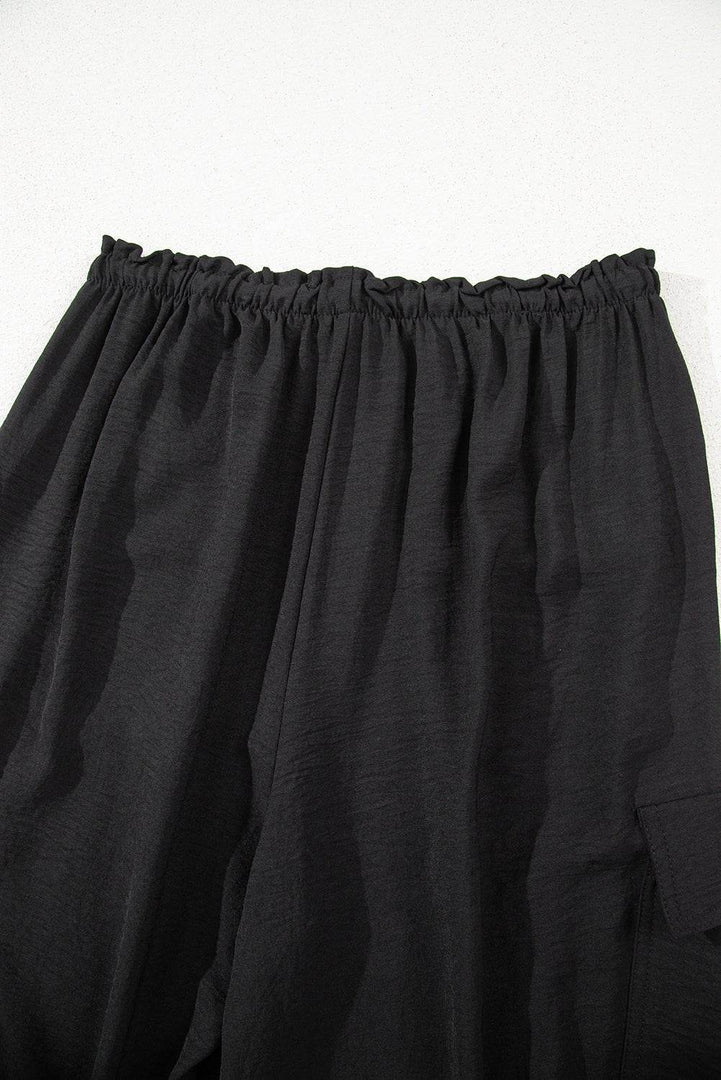 Black Drawstring Frilled Waist Wide Leg Utility Trousers - Fashion Queen -  18