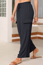 Load image into Gallery viewer, Black Drawstring Frilled Waist Wide Leg Utility Trousers - Fashion Queen -  3
