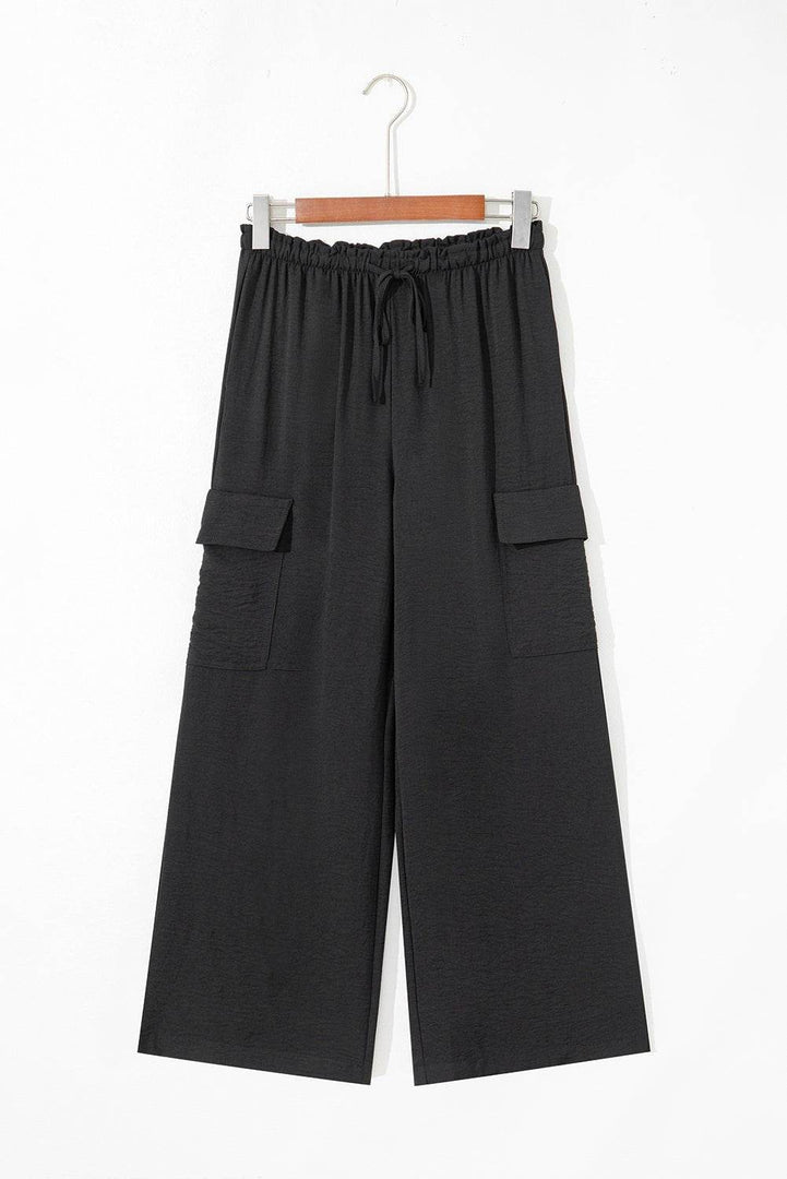 Black Drawstring Frilled Waist Wide Leg Utility Trousers - Fashion Queen -  9