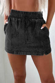 Black Drawstring High Waist Pocketed Denim Shorts - Fashion Queen -  1