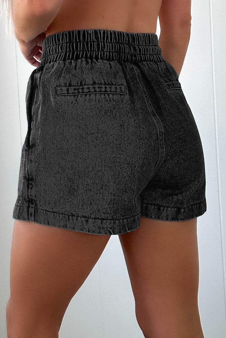 Black Drawstring High Waist Pocketed Denim Shorts - Fashion Queen -  2