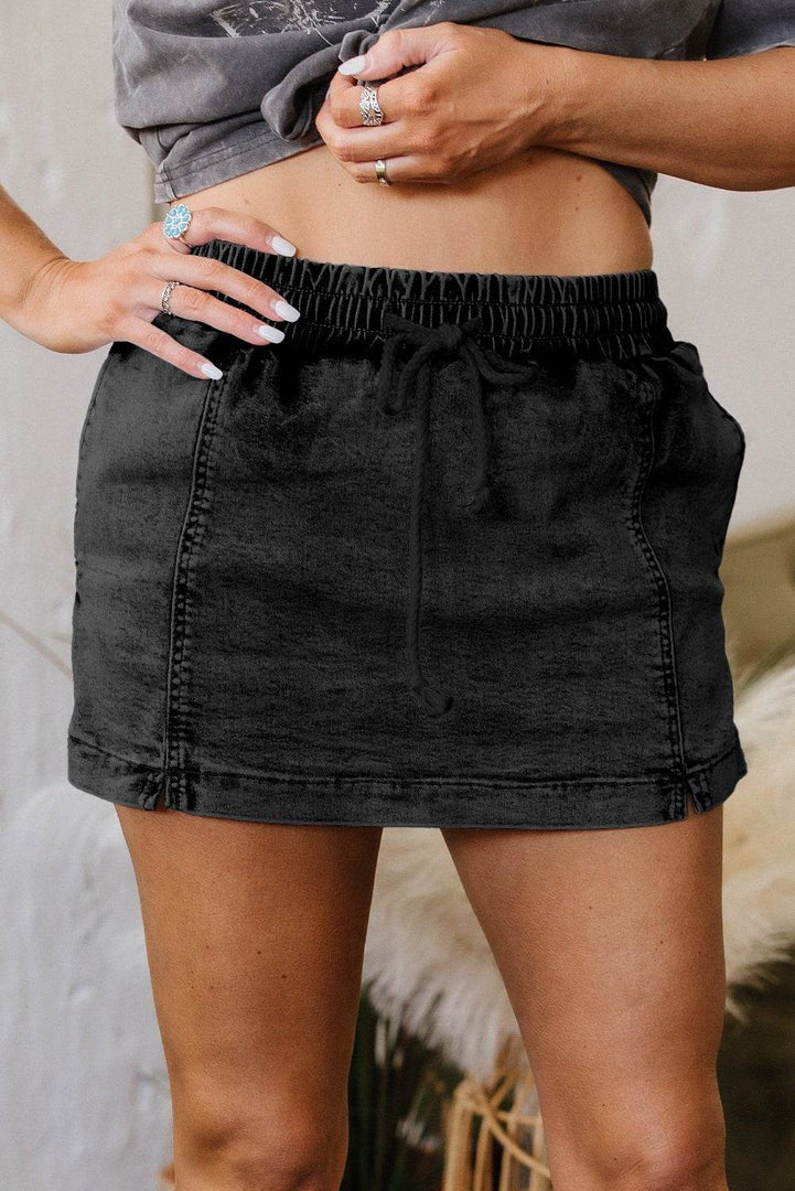 Black Drawstring High Waist Pocketed Denim Shorts - Fashion Queen -  20