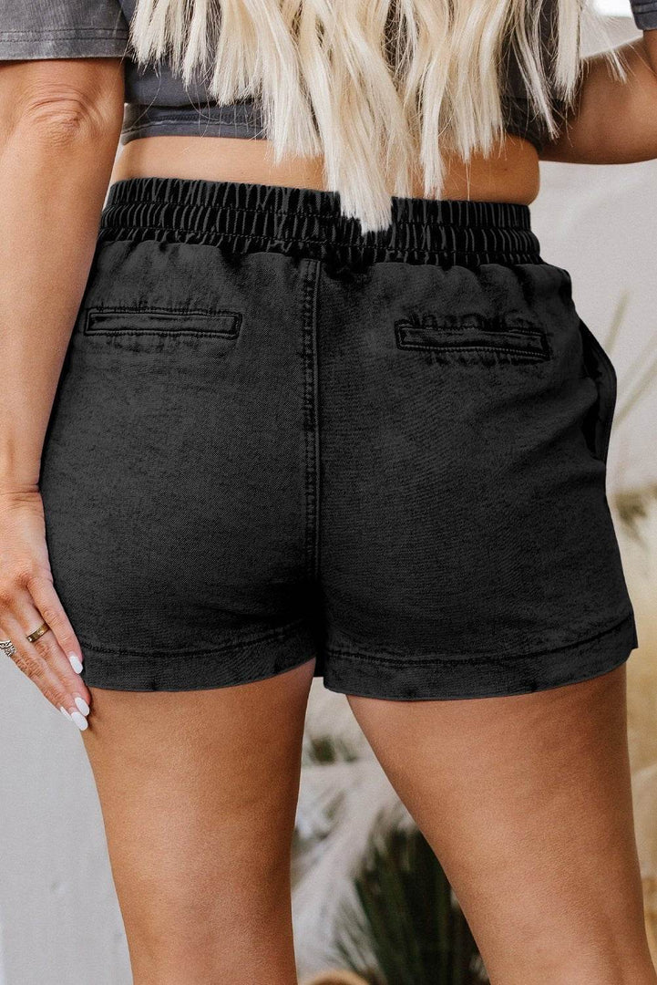 Black Drawstring High Waist Pocketed Denim Shorts - Fashion Queen -  21