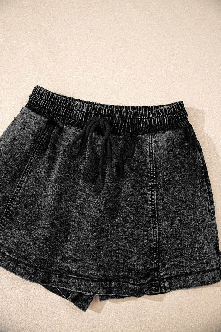 Black Drawstring High Waist Pocketed Denim Shorts - Fashion Queen -  27