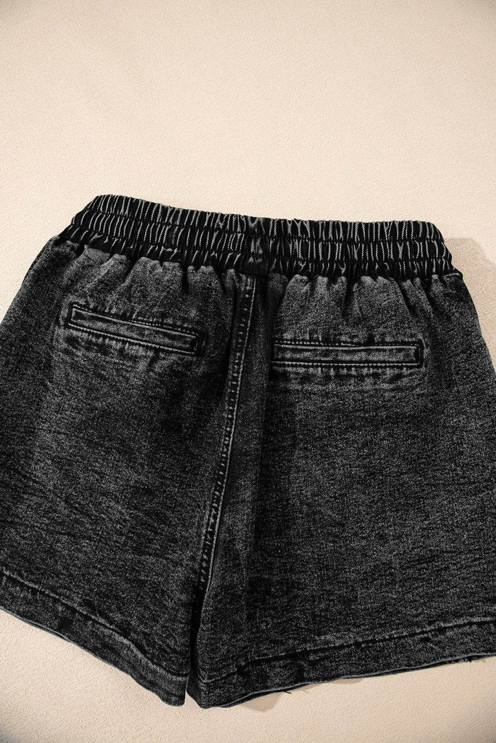 Black Drawstring High Waist Pocketed Denim Shorts - Fashion Queen -  28