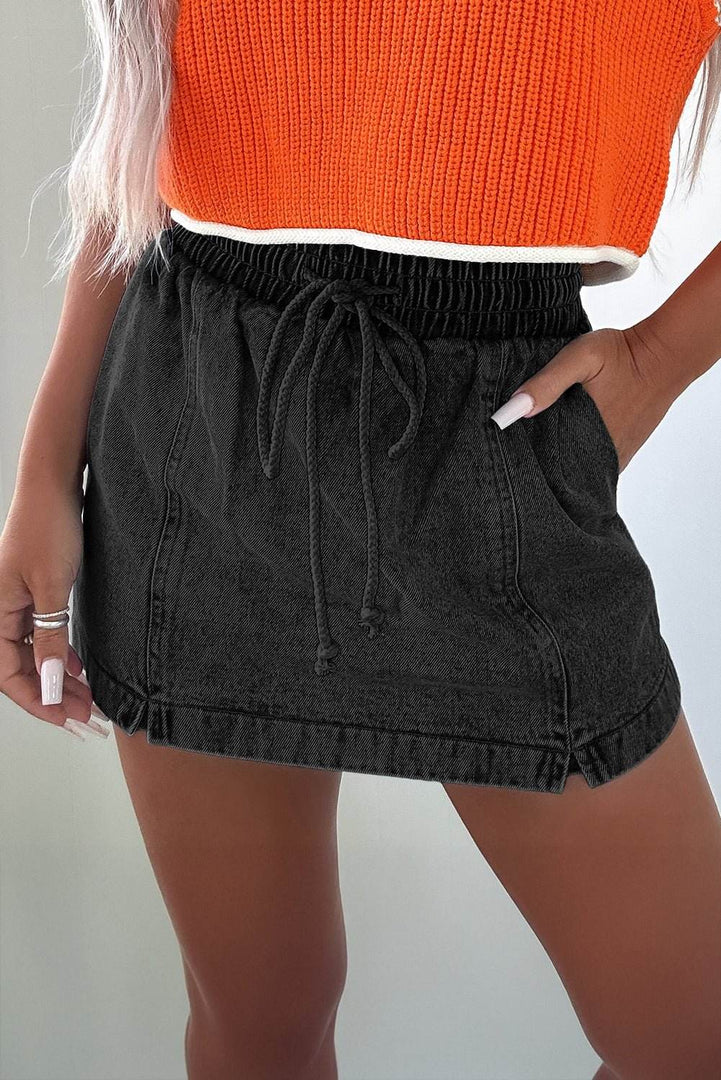 Black Drawstring High Waist Pocketed Denim Shorts - Fashion Queen -  3